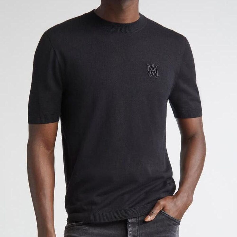 AMIRI Monogram Embroidered Short Sleeve Wool & Silk Sweater Minimalist Luxury